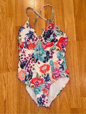 Splendid White Floral One-Piece Swimsuit with Blue, Pink & Coral Accents